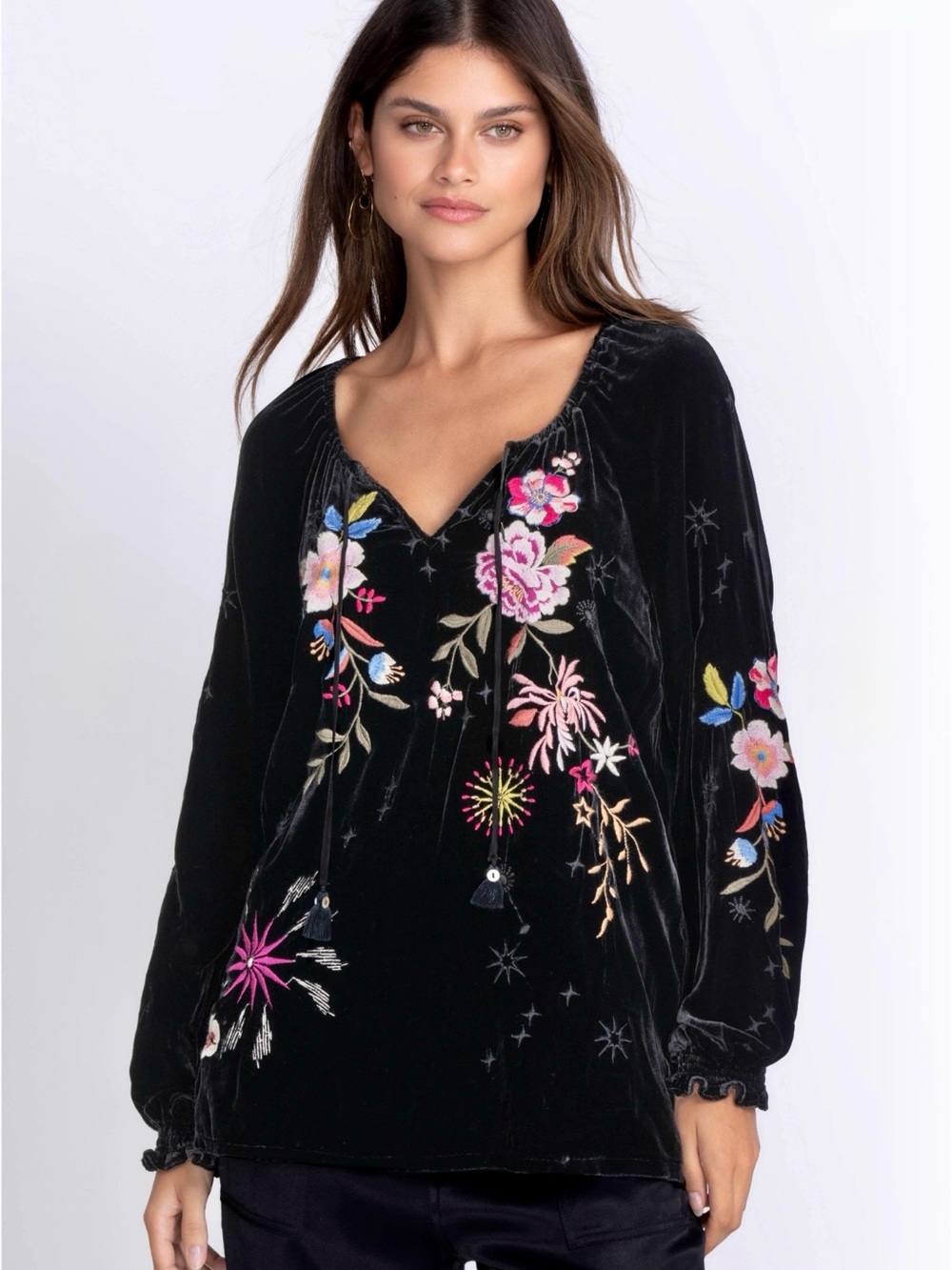 Johnny Was EUC Celestin Velvet Bishop Sleeve Blouse Embroidered Velvet XL